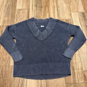 Aerie Women’s Chunky Knit Pullover Sweater Blue Boho V Neck Cozy